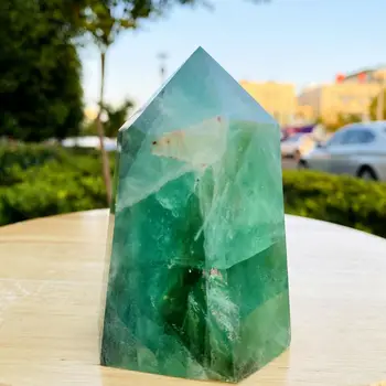 Naturlig Grøn Fluorit Crystal Obelisk Tower Kvarts Wand Punkt Prøve Healing 500-1000g