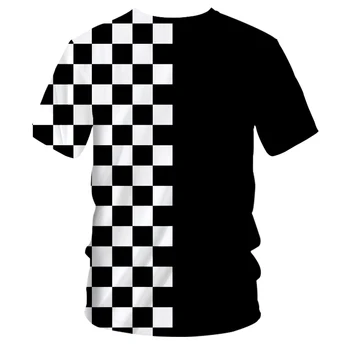 UJWI T-shirt Hot V-hals, Korte Ærmer 3D-T-shirt Print i Sort og hvid plaid Casual 5XL 6XL Tøj Hombre Foråret Tee Shirt