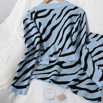 2020 Nye Mode Zebra Mønster Kvinder To Stykker Sæt Strikket Outwear Cardigan Mini Kort Nederdel Smarte Koreanske Passer Til Piger, Tøj, New