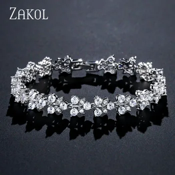 ZAKOL Trendy Flower & Blade Zirconia Krystal Armbånd Til Elegante Brudepige Smykker bijoux femmes Julegaver FSBP2102