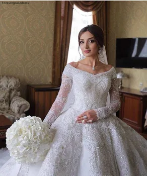 2020 Prinsesse Luksus Full Lace Wedding Dress Afrikanske Saudi-Arabisk Dubai Lange Ærmer Kirke Formelle Brud Brudekjole Plus Størrelse