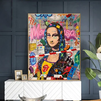 Mona Lisa Graffiti, Street Art, Plakater og Prints Sjove Lærred Maleri på Væggen Kunst Billede til stuen Home Decor
