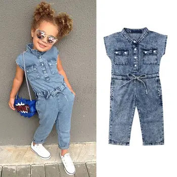 2018 Helt Nye Sommer Toddler Baby Pige Mode-Jumpsuits Denim Blå kortærmet Enkelt Breasted Elastisk Bælte i Taljen Romper 1-6Y