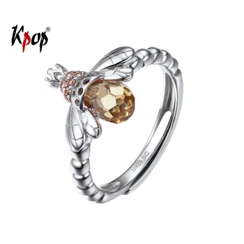 Kpop 925 Sterling Sølv Ring, Bryllup, Engagement Smykker Gul Cubic Zirconia Justerbar Åbne Krone Bee Ring for Kvinder R6314
