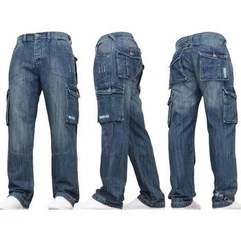 Lugentolo Lommer Jeans Mænd Plus Size Løs Casual Solid Falde Mode Lige Midt I Taljen, Lynlås I Fuld Længde Bukser