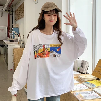 Kvinder Bf Vind Harajuku T-shirts koreanske Overdimensionerede O-Hals Lange Ærmer Brev Print Løse Toppe, Elev Foråret Chic Batwing Tshirt