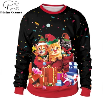 2019 Nye Christmas Fashion Sweatshirt Julegaver og søde kat 3D Printet Lange Ærmer Overtøj Unisex Casual streetwear
