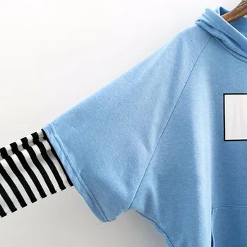 Feitong Brev Print Sweatshirt Stribe ærme med lomme Foran Hætte med Lange Ærmer Patchwork Harajuku Bluse Moletom Tumblr 2020