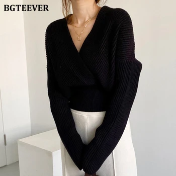 BGTEEVER Stilfulde V-hals Cross-Criss Kvinder Strikkede Pullovers 2020 Elegante Løs Varm Trøje Kvindelige Fuld Ærmet Strik Toppe