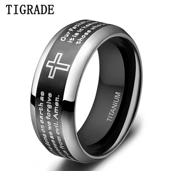 Tigrade Sort Ring for Mand, Kvinde Titanium Bibel Vers på Tværs af Jesus Ring 8mm Bred engelsk Unisex Christian Ring Religiøse Size5-15