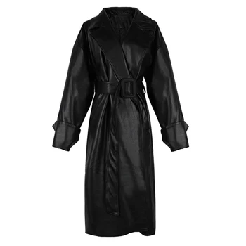 Lautaro Lang overdimensionerede læder trench coat for kvinder med lange ærmer revers i loose fit Falde sort kvinder plus size tøj streetwear