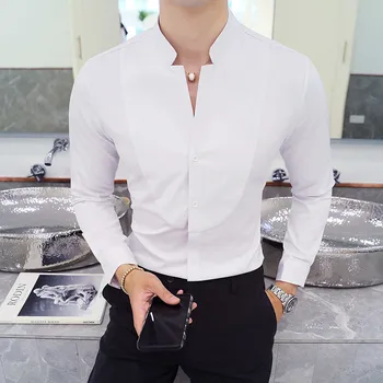 Mandarin Collar Shirt Mænd 2018 Nye Efteråret Kinesiske Krave Solid Skjorte Mænd med Lange Ærmer Stå Krave Camisa Sociale Masculina 5xl