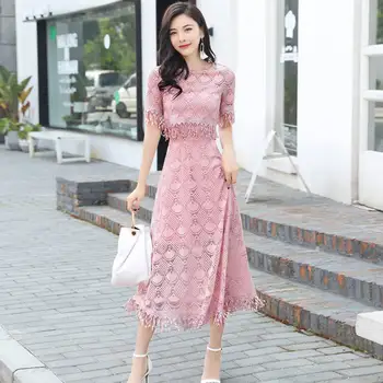 Mode koreanske 2020 Casual To delt Sæt Blonder A-line Løs, 2 Stk Sæt Kort Høj Talje Hule Kvinder Sæt Tøj