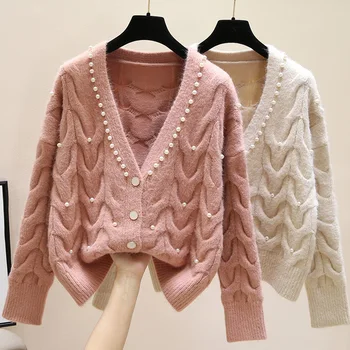 Sød beaded V-neck cardigan i strik til kvinder foråret 2020 nye mode til alle-match strikket ydre slid sweater