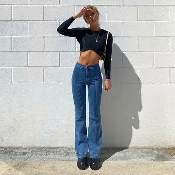 Street Style y2k Stribet Lappet Mode og Lækre Jeans Kvinder Casual 2000'erne Æstetiske koreanske Høj Talje Oversize Denim Retro Bukser