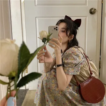HziriP Sommeren Nye Retro Blomster Boble Ærme Rund Hals Koreanske Kvinder Casual Kjole 2020 Sød Løs Chic Mode Vilde Lang Kjole