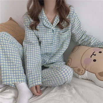 Nattøj til Kvinder Bomuld 2020 Sommer Nyt koreansk Stil Classic Simpelt Ternet Pyjamas Kort-langærmet Bukser Casual-To-delt Sæt