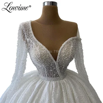 Tilpassede Hvide brudekjoler klæder de mariée 2020 Puffy Dubai Perler på En Line brudekjoler Vestidos De Novia Lange Ærmer Bride