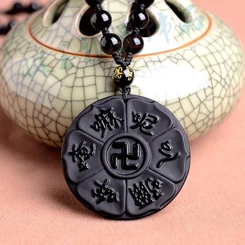 Natural Obsidian Skære Kinesiske Seks Ord Amulet Halskæde Mantra Alvorlige Mantra Sanskrit Vedhæng Med Kæde FashionJewelry