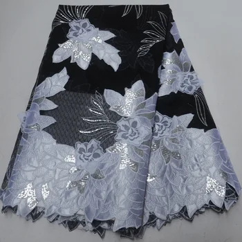 (5yards/pc) høj kvalitet Afrikanske satin lace stof i sort, blå med pailletter og 3D blomster til party dress OP51
