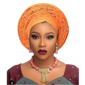 Afrikanske headtie nigerianske headtie med perler, sten auto gele afrikanske gele til kvinder bryllupsfest