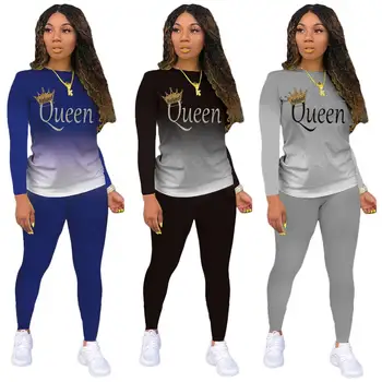 Gradient Farve Dronning Brev Crown Print-Toppe & Solid Farve Sweatpants Joggere Kvinder, To-Delt Outfits Vinter Casual Træningsdragter