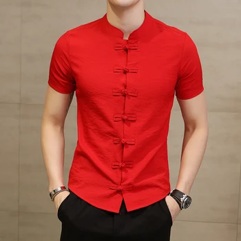 Kinesiske Krave Skjorte For Mænd Slim Fit Frog-Knappen Shirt Camicia Uomo Koreansk Mode Kortærmet Sommer Stilfuld Skjorte Rød Sort