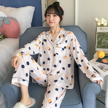 Langærmet Bomulds Trykte Pyjamas For Kvinder Sommeren Tynd Hjem Tøj 2 Delt Sæt Nattøj Plus Size Løs Kvindelige Homewear Passer Til