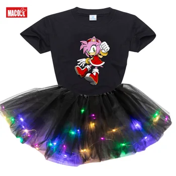 Baby Piger Tøj Sæt 2stk Børn Sonic The Hedgehog Amy T-Shirt med Korte Ærmer Prinsesse Lys LED Tutu Kjole+t-Shirt Mode