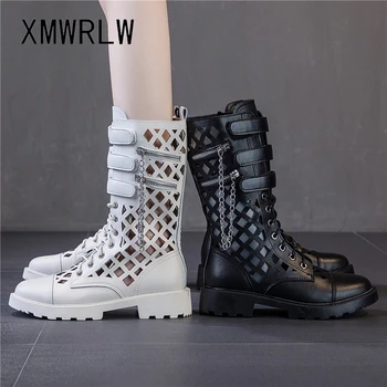 XMWRLW Kvinders Sommer Støvler Mode Kæde Ægte Læder Støvler For Kvinden Punk Sko Damer Mid-Calf Boot Kvinder Sommer Sko