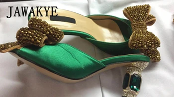 Sexede sandaler kvinder krystal sommerfugl knude indretning diamant høje hæle 2019 satin med rhinestone dress hjemmesko til damer sommer sko
