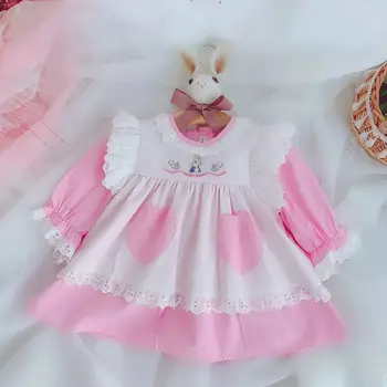 2019Autumn Piger Bomuld Antikke Hånd-lavet fransk Broderi Smocking kid Kjole med Lange Ærmer Kjole kids Outwear kjoler for piger