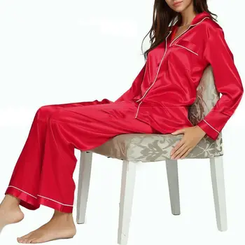 Hot Dame Lang Pyjamas Sæt Solid 2stk knaplukning Silke-ligesom Mode Damer Satin Nattøj med Nattøj Bukser, der Passer S-XL