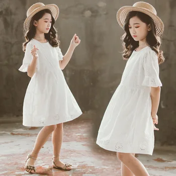 2021 Sommer Nyt Koreansk Stil Teen Piger, Hvid Broderet Prinsesse Kjole Børn Bomuld Casual Tøj Elegante #9317