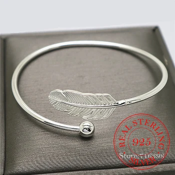 Mode 925 Sterling Sølv Smykker i Høj kvalitet Kvindelige Enkelt Fjer Åben Halskæde&Armbånd Til Kvinder pulsera de plata