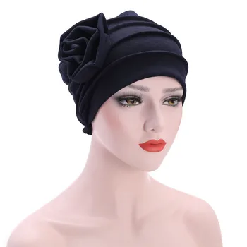 Fashion Kvinder Muslimske Strække Turban Hat Blomst hårtab Hoved Tørklæde Wrap bonnet femme hiver