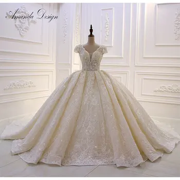Amanda Design vestido de noiva princesa kortærmet Blonde Pynt Crystal Luksus Empire 2019 Brudekjole