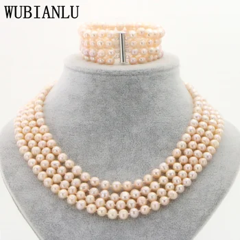 WUBIANLU 5 Stilarter, 4 Række, 7-8mm Ferskvands Perle Smykker Sæt I Kvinder, Armbånd, Halskæde Kostume Brude Smykker Sæt Pearl Perler
