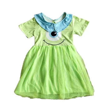 Høj kvalitet børns sommer mesh ærmeløs fluorescerende grøn store øjne smilende ansigt print søde lille pige nederdel