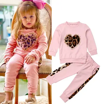 Buksetrold Barn Baby Piger Efteråret Sæt Tøj Med Lange Ærmer Leopard Hjertet Sweatshirts Toppe Lange Bukser Til Børn Piger Træningsdragt Outfit