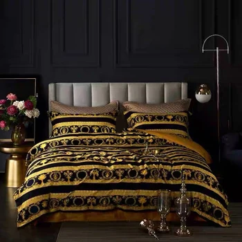 High-end Luksus franske Italien Stil Design King-Queen Size Og Gylden Farve Mønster Print Brug i Hjemmet Sengetøj Sæt 4STK