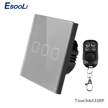Esooli 3 Gang 1 Måde Krystal Glas Panel væglampe EU-Touch Skifte Grå Trådløse Switch AC 250V Fjernbetjening Switch