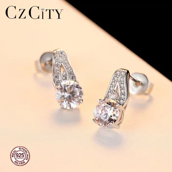 CZCITY Trendy koreansk Stil 925 Sterling Sølv Øreringe Smykker Af Sølv af Høj Kvalitet Hearts& Arrows Cubic Zirconia Smykker