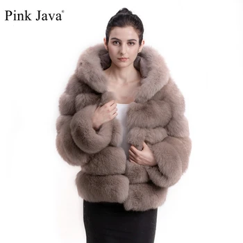 Pink Java QC8143 nye ankomst kvinder frakke vinter ægte ræv pels hætte jakke naturlige pels tøj