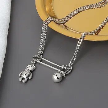 Ægte 925 Sterling Sølv Minimalistisk Glat Overflade Bjørn Og Ball Pendel Halskæde Til Kvinder, Mode Smykker