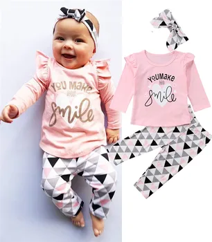 Emmababy Baby Nyfødte Piger Flæsekanter Toppe langærmet T-shirt+Print Bomuld Bukser Legging+Pandebånd 3stk Tøj, Pyjamas Tøj