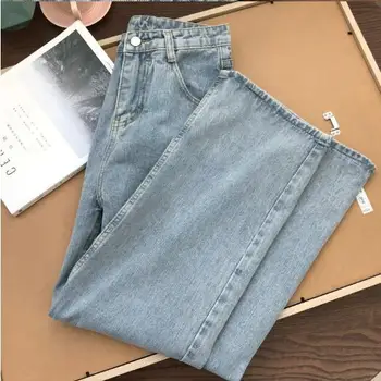 Bred ben bukser, kvinders nye efterår / vinter 2019 retro straight bukser med høj talje ins jeans til studerende
