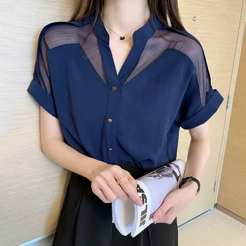 Koreanere chiffon skjorte kortærmet nye sommer 2020 ensfarvet top med V-hals løs chiffon shirt med flagermus ærmer