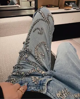 Rhinestone jeans kvinder 2021 forår sommer Tunge Industri mode Perler Høj Talje Løs Casual Lige Denim bukser p2265