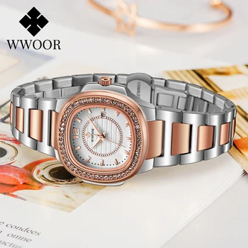 Damer Ure 2020 Nye WWOOR Rose Gold Watch Kvinder Top Mærke Luksus Krystal Kvinder Kvarts Kjole armbåndsur Kvindelige montre femme